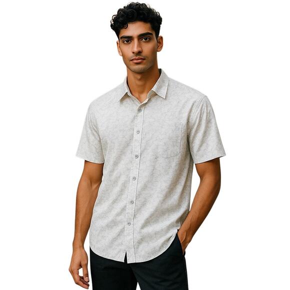 BODHI by Kotomori White Grey Abstract Birds Short Sleeve Button Down - M - Picture 1 of 7